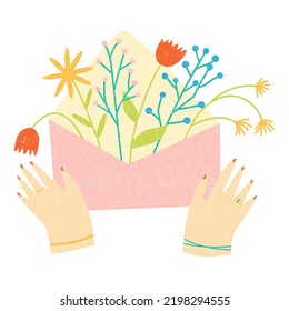 Female hands holding the envelope with flowers inside. Flat cartoon vector illustration for romantic or greeting card.