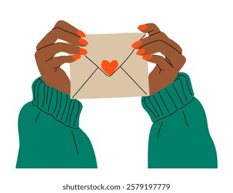 Female hands holding envelope with a heart on it. The hand is wearing red nail polish. The envelope is brown and the hand is wearing a green sweater. Flat vector illustration isolated on white