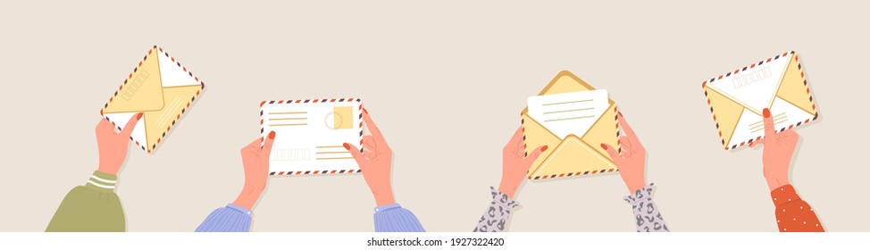 Female hands holding envelopes. Correspondence and mail delivery concept. Top view. Post stamps and postcards. Vector illustration in flat cartoon style. Receiving message, notification, invitation.