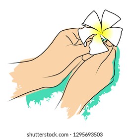 Female Hands Holding Exotic Flower, Plumeria Illustration