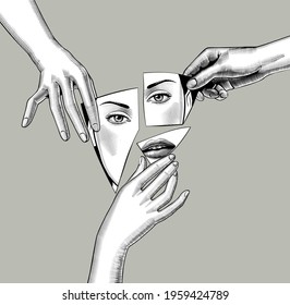 Female hands holding in fingers fragments broken mirror and reflection female face  Vector Illustration