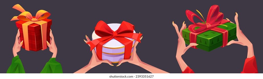 Female hands holding gift box isolated on black background. Vector cartoon illustration of Christmas, birthday, Valentine Day presents, paper wrapped packages with ribbon bows, holiday surprise
