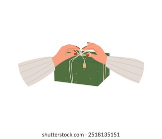 Manos femeninas que sostienen la caja de regalo, cumpleaños, aniversario, regalo de Navidad. Envoltura de brazos, preparación de regalos para Navidades, recuerdos de año nuevo. Ilustración vectorial aislada sobre fondo blanco