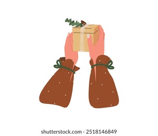 Manos femeninas que sostienen la caja de regalo, cumpleaños, aniversario, regalo de Navidad. Envoltura de brazos, preparación de regalos para Navidades, recuerdos de año nuevo. Ilustración vectorial aislada sobre fondo blanco