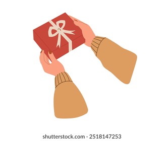 Manos femeninas que sostienen la caja de regalo, cumpleaños, aniversario, regalo de Navidad. Envoltura de brazos, preparación de regalos para Navidades, recuerdos de año nuevo. Ilustración vectorial aislada sobre fondo blanco