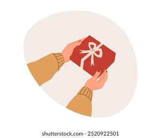 Manos femeninas que sostienen la caja de regalo, cumpleaños, aniversario, regalo de Navidad. Envoltura de brazos, preparación de regalos para Navidades, recuerdos de año nuevo. Ilustración vectorial aislada sobre fondo blanco