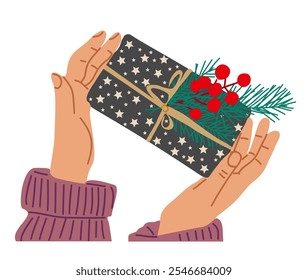 Female hands holding gift box, Christmas present isolated on white background, flat vector illustration. Xmas holiday, arms gives new year souvenir.