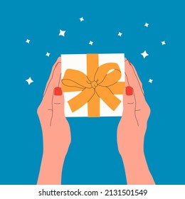Female hands holding gift, present box with ribbon and bow. Gift interchange. Present for Mother’s day, Women’s Day, birthday, Christmas, New Year. Give away. Flat cartoon vector illustration.