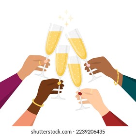 Female hands holding glasses of sparkling champagne isolated on white background. Vector illustration in flat style