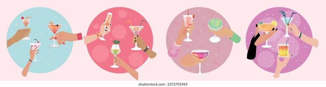 Female hands holding glasses of tasty cocktails on light backgro