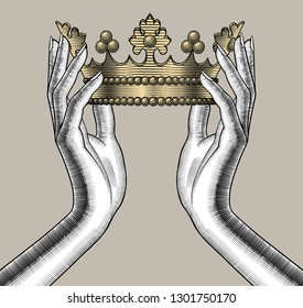 Female hands holding a gold crown. Vintage engraving stylized drawing. Vector illustration