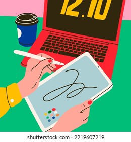 Female hands holding graphic tablet. Laptop and coffee on working desk. Point of view on Laptop screen. Working, drawing, creativity, work from home concept. Hand drawn modern Vector illustration