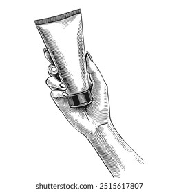 Female Hands Holding Hand Cream, Hand-Drawn Vector, Graphic Style, Cartoon Illustration, Black and White, Sketch Style, Isolated on White Background