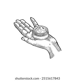 Mãos femininas segurando o creme da mão, vetor desenhado à mão, estilo gráfico, ilustração de desenhos animados, preto e branco, estilo de esboço, isolado no fundo branco