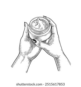 Mãos femininas segurando o creme da mão, vetor desenhado à mão, estilo gráfico, ilustração de desenhos animados, preto e branco, estilo de esboço, isolado no fundo branco