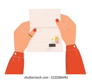 Female Hands Holding Handwritten Romantic Letter. Woman Reading Message Written For Her. Flat Vector Illustration On White Background