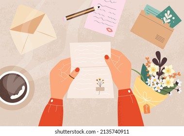 Female hands holding handwritten romantic letter, desk point of view vector illustration. Woman reading message with cup of coffee, bouquet of wildflowers, postcard and letters on table background.