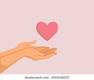 Female Hands Holding Heart Love Concept Illustration. Saint Valentines Greeting Card