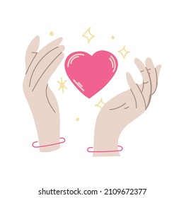 Female hands holding heart for valentine's day in retro style. Isolated vector set. Poster, postcard, banner design. Graphic background. Simple illustration. Vector icon.