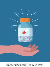 Female hands holding jar pills, drugs or vitamins. Medical clinic poster or banner for healthcare. Pharmaceutical concept. Vector flat illustration in cartoon style.