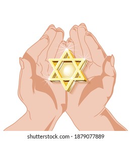 Female hands holding Jewish holiday traditional  symbols -golden  star David, on the palm,  isolated on white background,  Contour lines, sketch, hand drawing Vector illustration