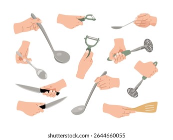 Mãos femininas segurando utensílios de cozinha coleção vetorial. Espátula com fenda, colher, faca, concha, descascador de vegetais isolado no fundo branco arte original