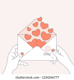 Female hands holding love letter. Valentine's day envelope with hearts inside. Valentines's day greeting card. Vector illustration