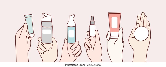 Female hands holding make up face packaging simple korean style illustration