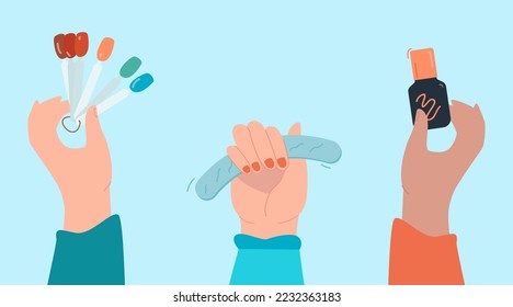 Female hands holding manicure equipment. Manicurists or nail artists with nail file, polish and samples flat vector illustration. Beauty salon concept for banner, website design or landing web page