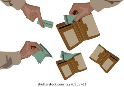 Female hands holding money and wallets different positions isolated on white background