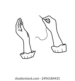 Female Hands holding Needle with Thread isolated on a white background. Hand drawn Vector Illustration. Vintage style. Outline graphics of Hobby, Sewing and Embroidery Needlework.