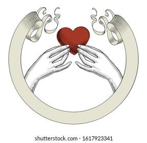 Female hands holding on the palm a red heart. Retro style valentine greeting card design. Vintage engraving stylized drawing. Vector illustration.