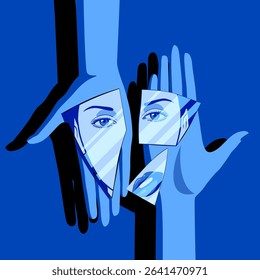 Female hands holding on palms shards of broken mirror with a reflection of a female eyes and lips. Vector Illustration in blue colors flat style. NOT AI generated