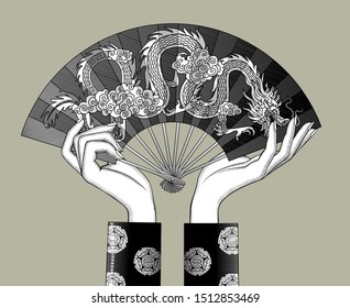 Female hands holding an open chinese fan with with a decorative dragon. Vintage engraving stylized drawing. Vector illustration