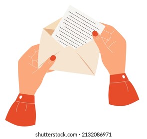 Female hands holding open envelope with handwritten paper letter. Human paper message with a letter. Handwritten correspondence. Flat vector illustration on white background.