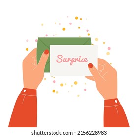 Female hands holding open envelope with letter surprise. Happy event paper message. Flat vector illustration.