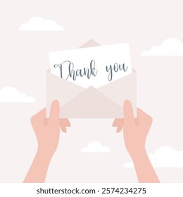 Female hands holding an open envelope with a postcard inside, handwritten text Thank you on the postcard. Flat vector illustration in pastel colors