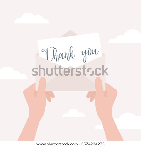 Female hands holding an open envelope with a postcard inside, handwritten text Thank you on the postcard. Flat vector illustration in pastel colors