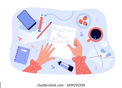 Female hands holding paper sheet with handwritten letter isolated flat vector illustration. Lady sending mail to future or writing message to yourself. Psychology and post concept