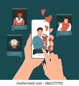 Female hands are holding a phone and browsing social networks. Chatting communication in Christmas and New Year. Winter vector illustration.