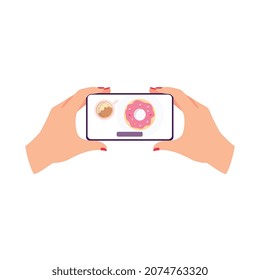 Female hands holding phone taking picture of coffee and donut on screen - top view of woman with red nails doing food photography on smartphone. Flat isolated vector illustration