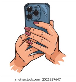 Female hands holding a phone. Taking a photo or looking at the screen. Illustration on a white background in line style.