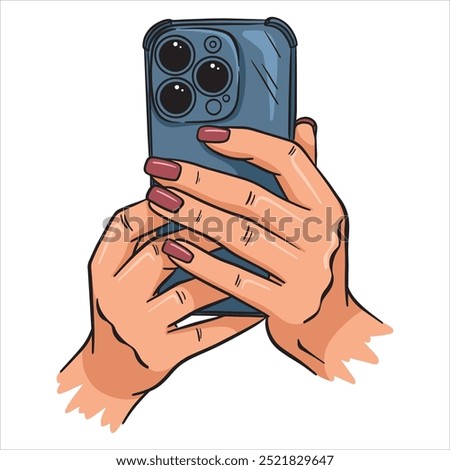 Female hands holding a phone. Taking a photo or looking at the screen. Illustration on a white background in line style.