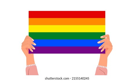 Female hands holding placard LGBT pride or Rainbow color paper isolated on white background. Style cartoon. Symbol of the LGBT community. Vector illustration.