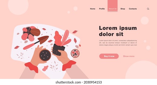 Female hands holding plant and pot with soil flat vector illustration. Cartoon florist caring home succulents and cultivating plants. Houseplant nursery, floristry and gardening concept