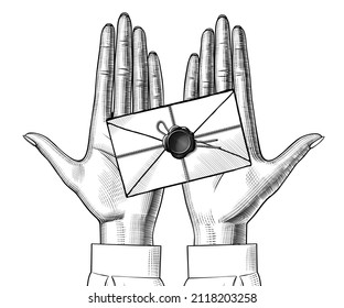 Female hands holding a postal envelope. Antique engraving, stylized drawing. Vector illustration