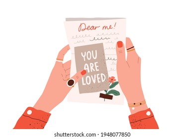 Female hands holding postcard and handwritten love letter to her future self. Woman reading message written in past. Mail to yourself concept. Flat vector illustration isolated on white background