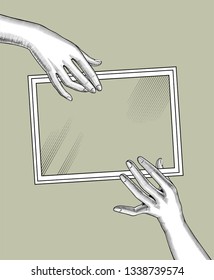 Female hands holding a rectangular frame with glass. Vintage engraving stylized drawing. Retro concept poster and banner. Vector illustration