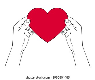 Female hands holding  a red heart. Charity, mercy, kindness. Vector illustration.