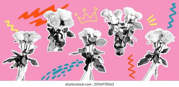 Female hands holding rose flowers bouquets halftone set in creative modern pop art newspaper sticker style. Aesthetic romantic message emoticon in trendy vintage collage design vector illustration